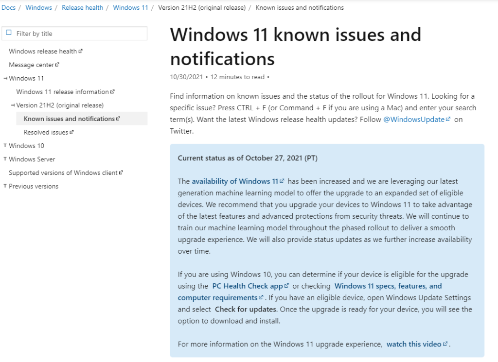 MicrosoftWindows11release-health（2021.10.27）