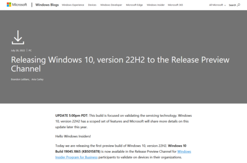 Windows10、Windows11バージョン22H2プレビュー版がMicrosoft ReleasePreviewチャネルに公開。22H2ダウンロード方法