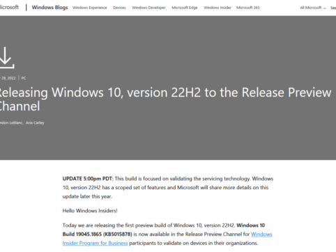 Windows10、Windows11バージョン22H2プレビュー版がMicrosoft ReleasePreviewチャネルに公開。22H2ダウンロード方法