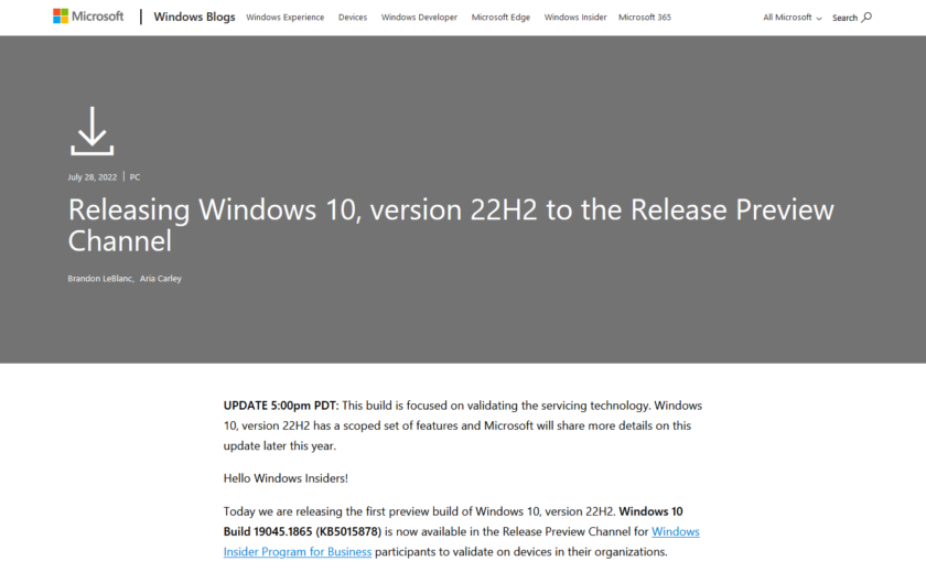 Windows10、Windows11バージョン22H2プレビュー版がMicrosoft ReleasePreviewチャネルに公開。22H2ダウンロード方法